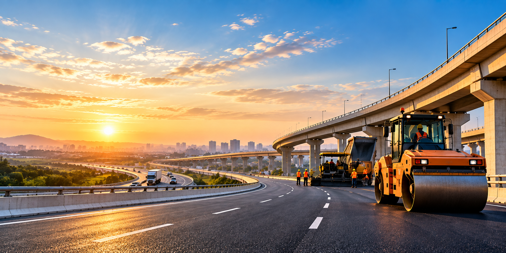 Highway construction at golden hour